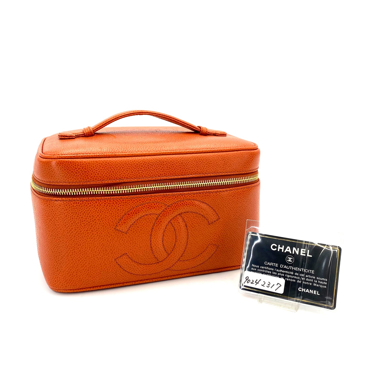 CHANEL VINTAGE VANITY HAND BAG ORANGE CAVIAR SKIN 90242317