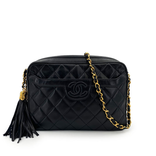 CHANEL VINTAGE FRINGE CHAIN SHOULDER BAG BLACK LAMB SKIN 90242322