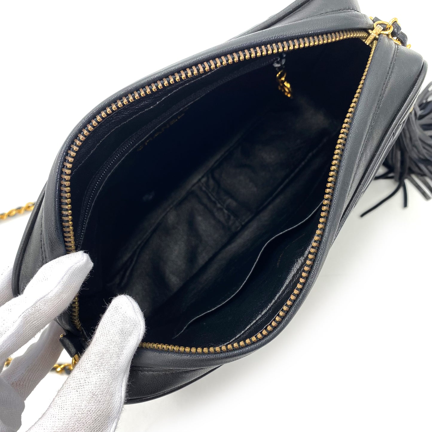 CHANEL VINTAGE FRINGE CHAIN SHOULDER BAG BLACK LAMB SKIN 90242322