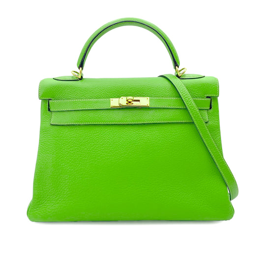 HERMES KELLY 32 RETOURNE APPLE  GREEN TAURILLON CLEMENCE HAND SHOULDER BAG □G 90242323