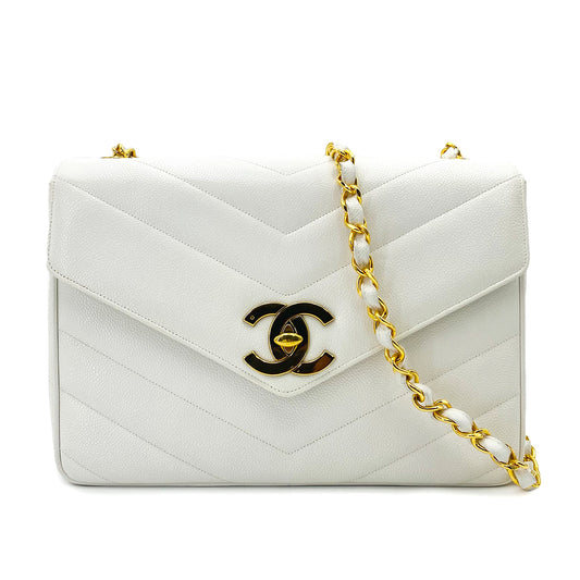 CHANEL VINTAGE CHEVRON  CHAIN SHOULDER BAG WHITE CAVIER SKIN 90242330