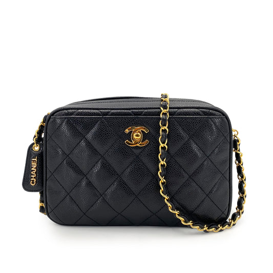 CHANEL VINTAGE MATELASSE CHAIN SHOULDER BAG BLACK CAVIAR SKIN 90242334