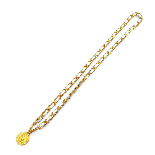 CHANEL VINTAGE CHAIN BELT WHITE LEATHER COCOMARK ACCESSORY 90242340