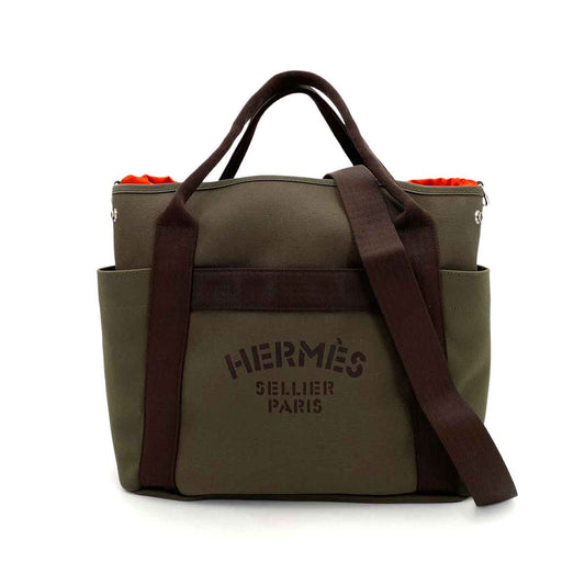 HERMES SAC DE PANSAGE GROOM KHAKI TOILE CHEVRON BRIDLE LEATHER HAND BAG A 90242640