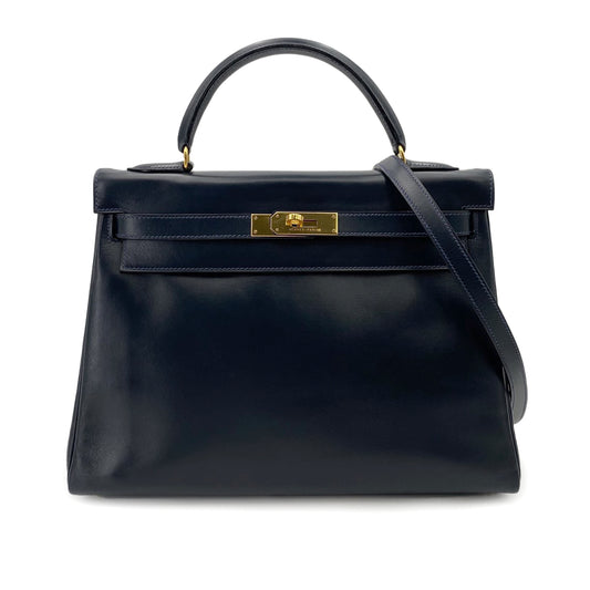 HERMES KELLY 32 RETOURNE BLUE INDIGO BOXCALF HAND SHOULDER BAG 〇W 90242646