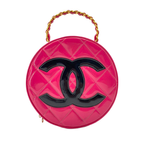 CHANEL VINTAGE MATELASSE ROUND VANITY HAND BAG PINK ENAMEL 90242651
