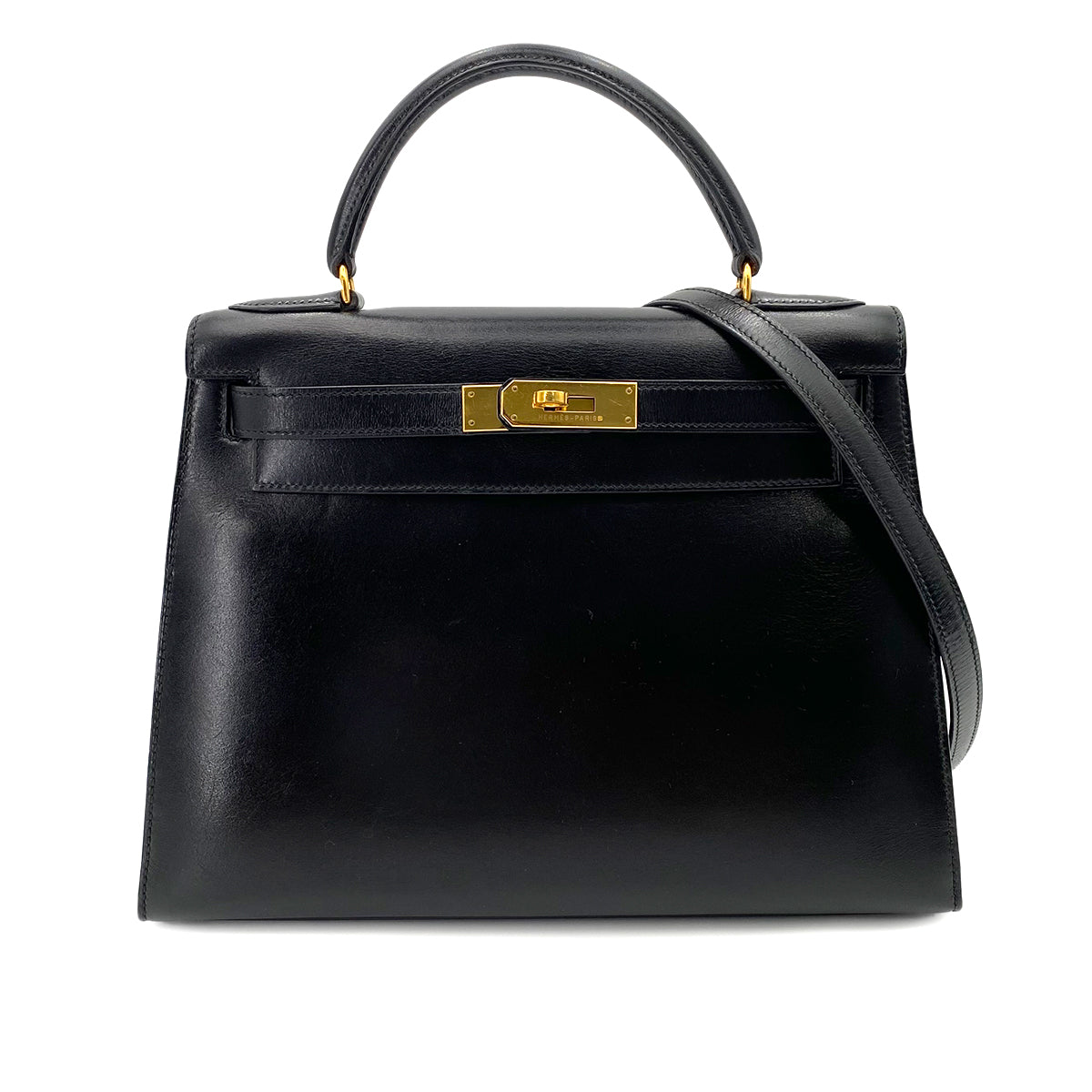 HERMES KELLY 28 SELLIER BLACK BOXCALF HAND SHOULDER BAG 〇V 90242655