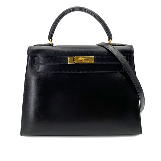 HERMES KELLY 28 SELLIER BLACK BOXCALF HAND SHOULDER BAG 〇V 90242655