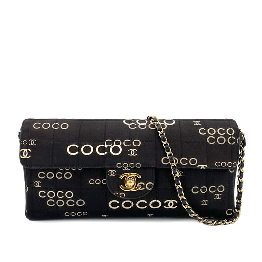 CHANEL VINTAGE CHOCOLATE BAR COCO PRINT CHAIN SHOULDER BAG BLACK CANVAS 90242662