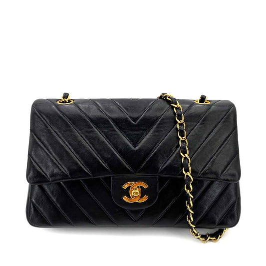 CHANEL VINTAGE CHEVRON DOUBLE FLAP CHAIN SHOULDER BAG BLACK LAMB SKIN 90242667