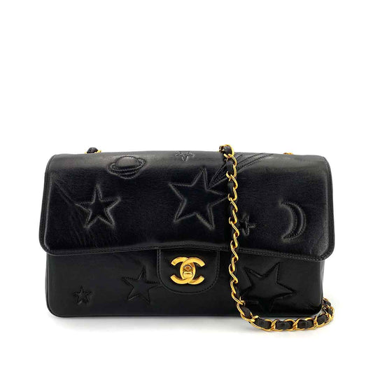 CHANEL VINTAGE  STAR STITCH COCO CHAIN SHOULDER BAG BLACK LAMB SKIN 90242900