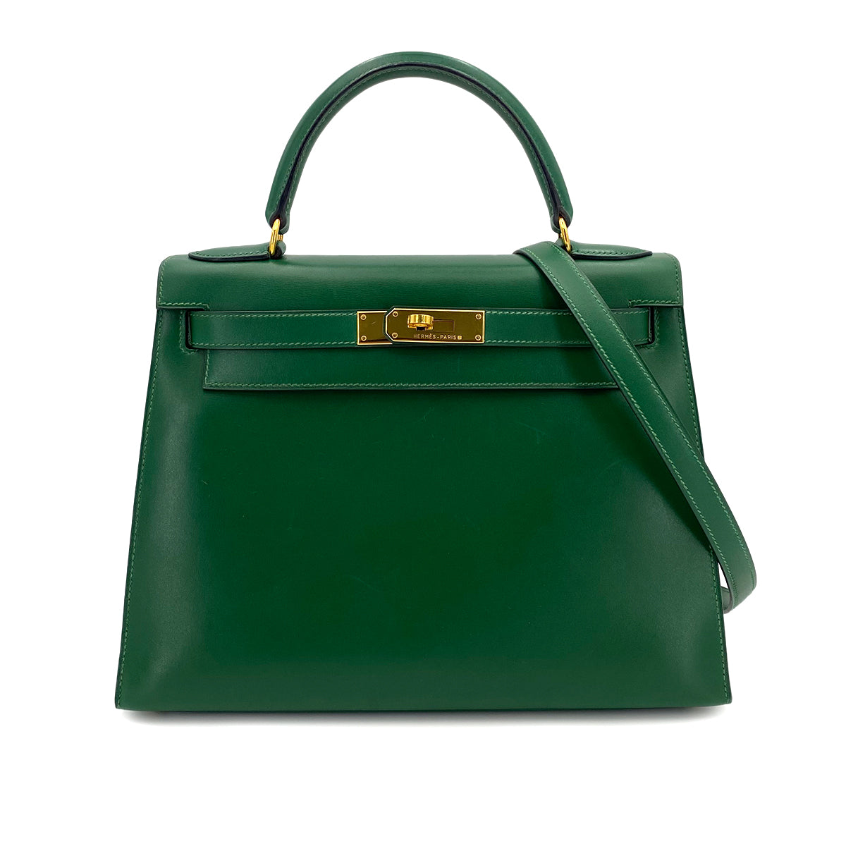 HERMES KELLY 28 SELLIER GREEN BOXCALF HAND BAG □B 90242904
