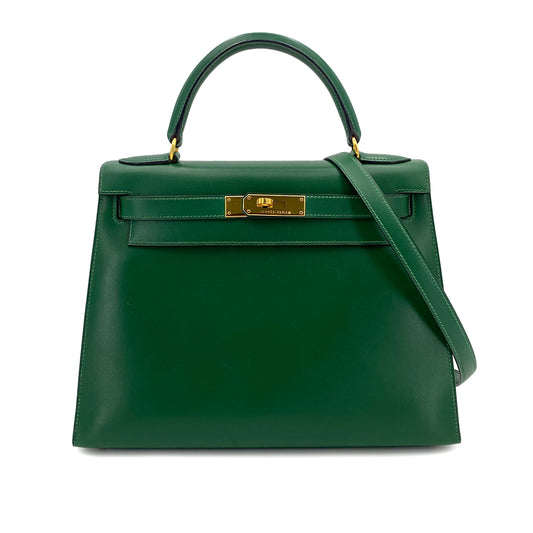 HERMES KELLY 28 SELLIER GREEN BOXCALF HAND BAG □B 90242904