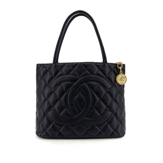 CHANEL VINTAGE MEDALLION BIG COCO HAND TOTE BAG BLACK CAVIAR SKIN 90242909