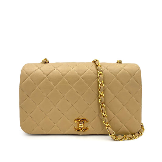 CHANEL VINTAGE FULL FLAP CHAIN SHOULDER BAG BEIGE LAMB SKIN 90242948