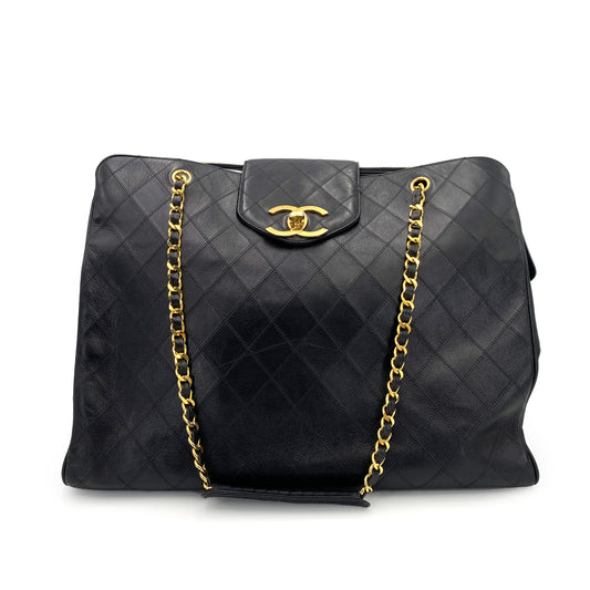 CHANEL VINTAGE SUPER MODEL BICOLORE CHAIN TOTE BAG BLACK LAMB SKIN 90242956