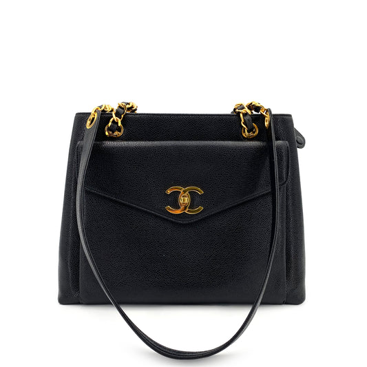 CHANEL VINTAGE CHAIN TOTE BAG BLACK CAVIAR SKIN 90242957