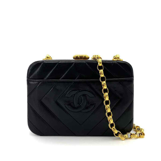 CHANEL VINTAGE DIA STITCH BIJOU CHAIN SHOULDER BAG BLACK LAMB SKIN 90242959
