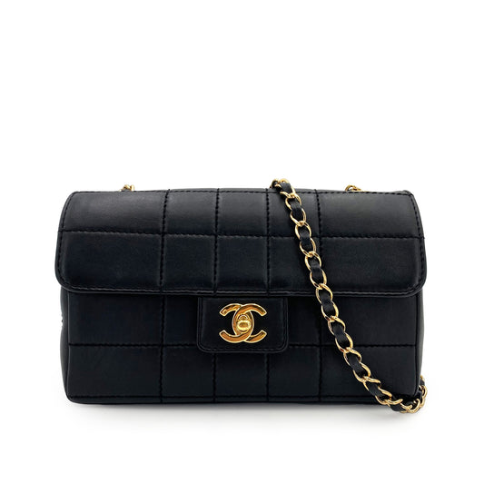 CHANEL VINTAGE CHOCOLATE BAR CHAIN SHOULDER BAG BLACK LAMB SKIN 90242972