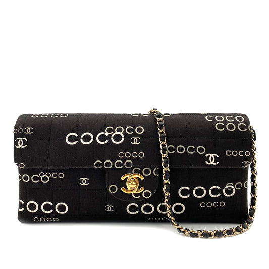 CHANEL VINTAGE CHOCOLATE BAR COCO PRINT CHAIN SHOULDER BAG BLACK CANVAS 90242974