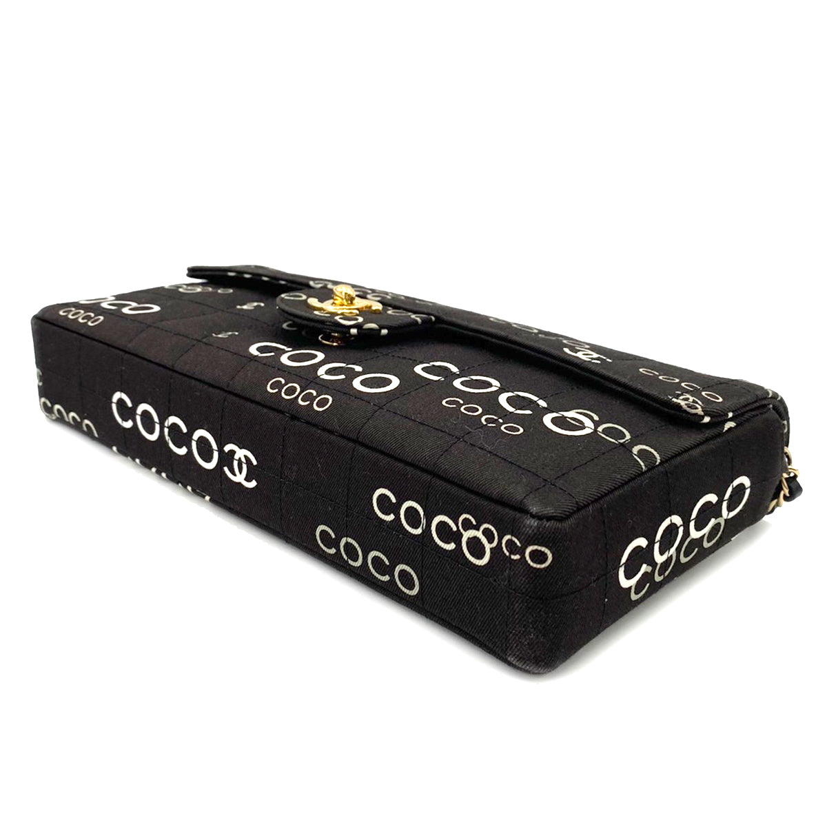 CHANEL VINTAGE CHOCOLATE BAR COCO PRINT CHAIN SHOULDER BAG BLACK CANVAS 90242974