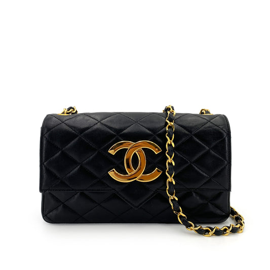 CHANEL VINTAGE BIG COCO MATELASSE CHAIN SHOULDER BAG BLACK LAMB SKIN 90242981