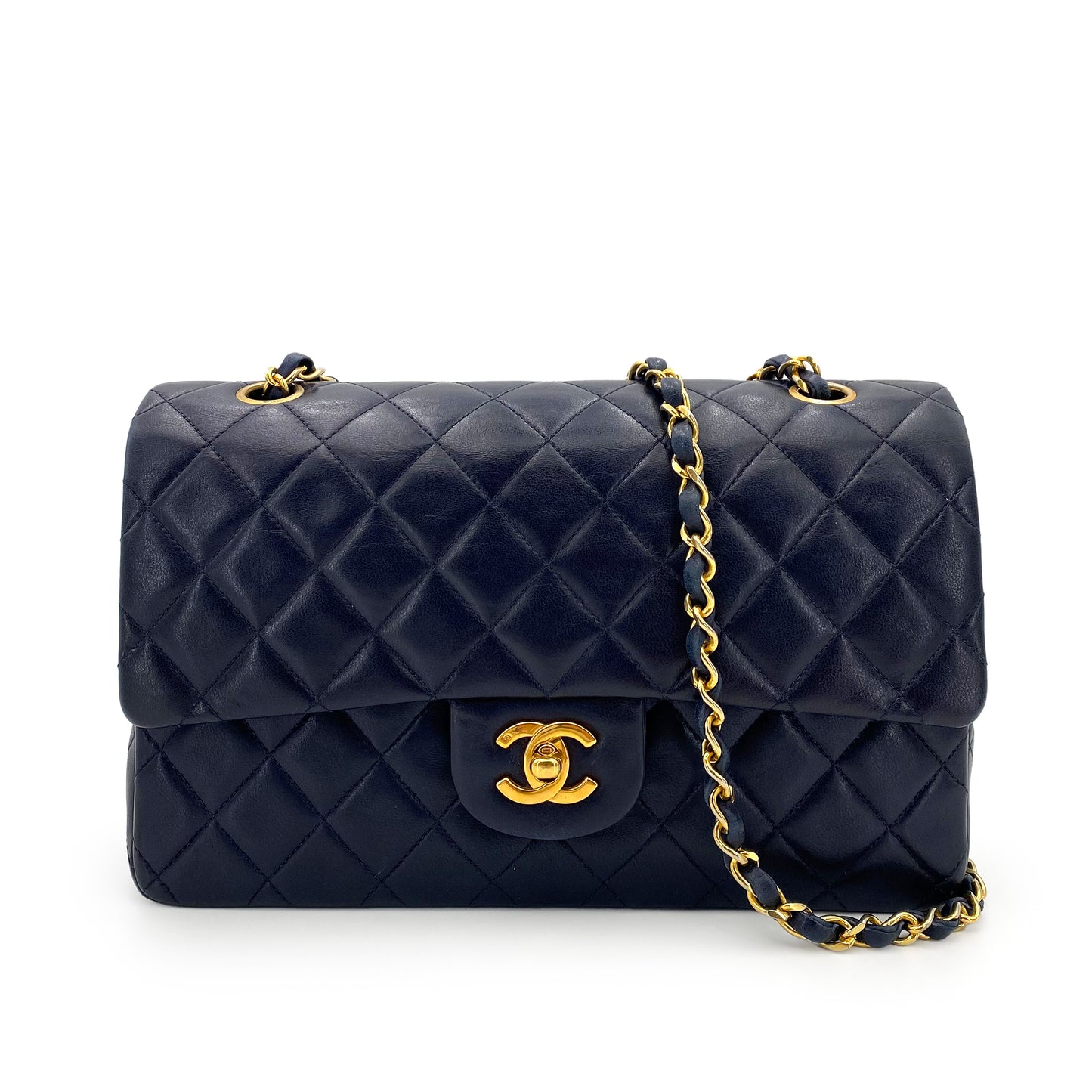 CHANEL VINTAGE CLASSIC FLAP MEDIUM CHAIN SHOULDER BAG NAVY LAMB SKIN 90242983