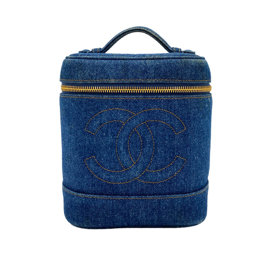 CHANEL VINTAGE VANITY HAND BAG BLUE DENIM 90242986