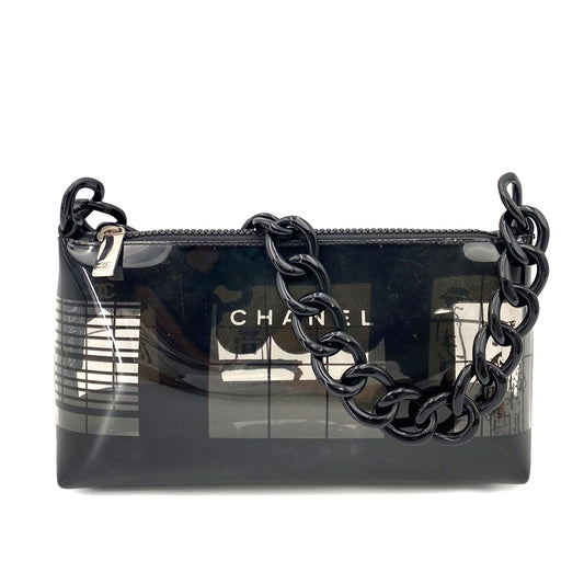 CHANEL VINTAGE WINDOWS LINE CHAIN TOTE BAG BLACK VINYL 90242988