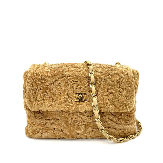 CHANEL VINTAGE  CHAIN SHOULDER BAG BEIGE FUR 90242665