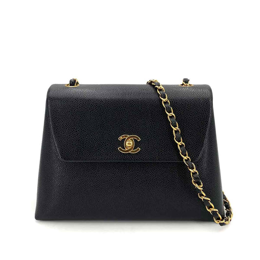 CHANEL VINTAGE TRAPEZOID CHAIN SHOULDER BAG BLACK CAVIAR SKIN 90243200