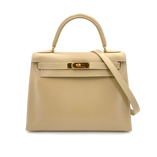 HERMES KELLY 28 SELLIER BEIGE BOXCALF HAND SHOULDER BAG □C 90243205
