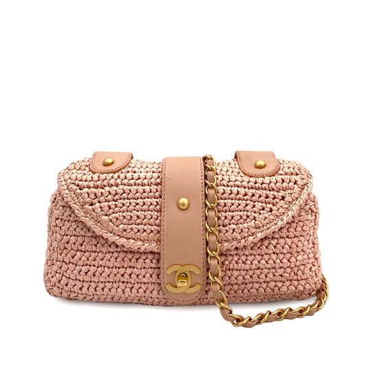 CHANEL VINTAGE CHAIN SHOULDER BAG PINK RAFFIA 90243207