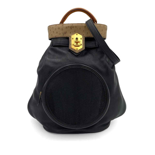 HERMES SMACK BLACK GULLIVER LIZARD OSTRICH HAND SHOULDER BAG 〇U GHW 90243208