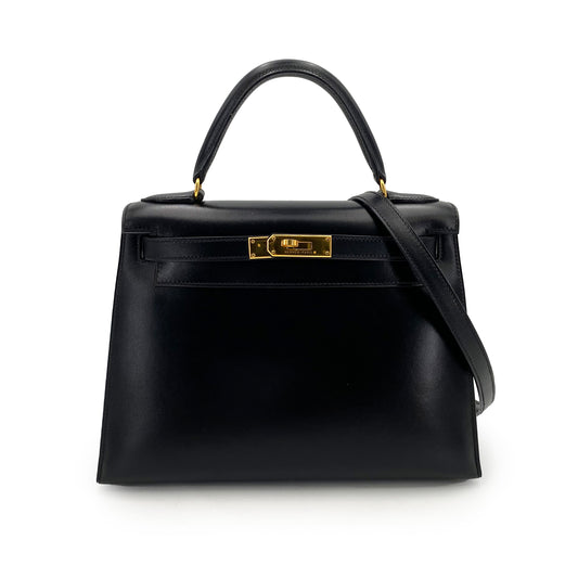HERMES KELLY 28 SELLIER BLACK BOXCALF HAND SHOULDER BAG 〇Z 90243214