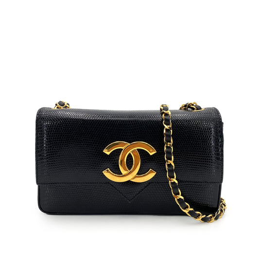 CHANEL VINTAGE BIG COCO CHAIN SHOULDER BAG BLACK LIZARD 90243228