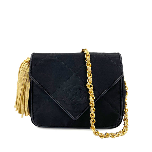 CHANEL VINTAGE FRINGE SHOULDER BAG BLACK SATIN 90243229