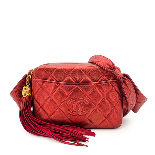 CHANEL VINTAGE MATELASSE FRINGE SHOULDER BAG METALLIC RED LAMB SKIN 90243230