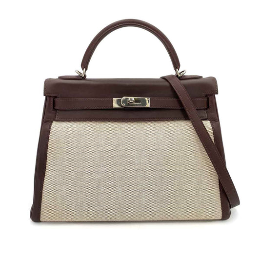 HERMES KELLY 32 CHOCOLATE TOILE SWIFT HAND SHOULDER BAG □K 90243243