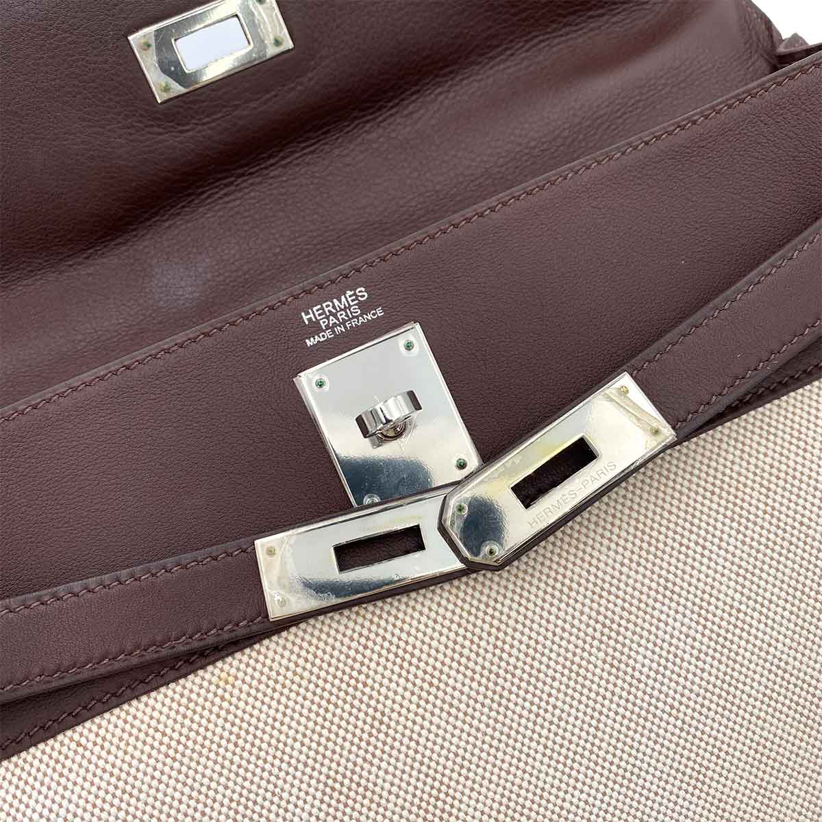 HERMES KELLY 32 CHOCOLATE TOILE SWIFT HAND SHOULDER BAG □K 90243243