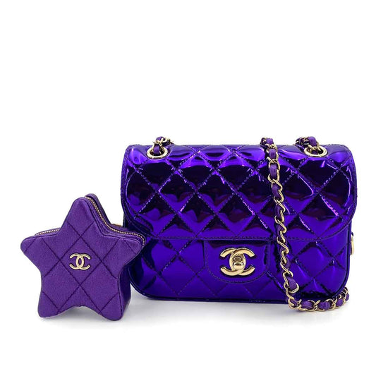 CHANEL MINI MATELASSE HOLLYWOOD BLUE BIRD CHAIN SHOULDER BAG METALLIC PURPLE ENAMEL 90243255
