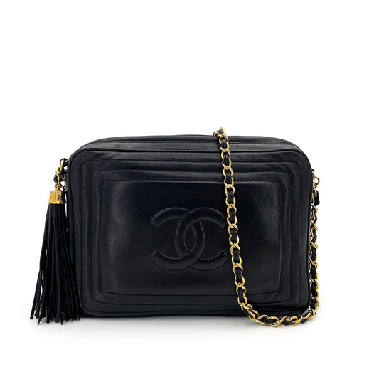 CHANEL VINTAGE FRINGE CHAIN SHOULDER BAG BLACK LAMB SKIN 90243352