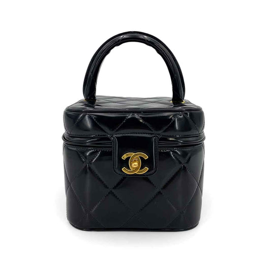 CHANEL VINTAGE VANITY HEART MIRROR HAND BAG BLACK ENAMEL 90243361