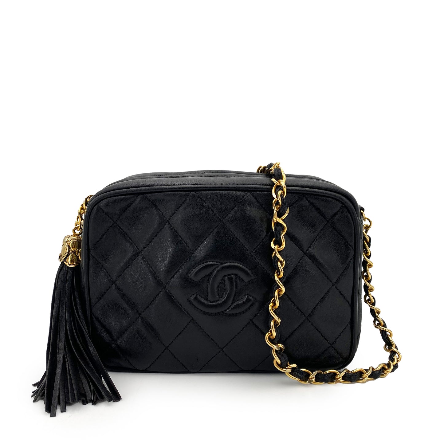 CHANEL VINTAGE MATELASSE FRINGE CHAIN SHOULDER BAG BLACK LAMB SKIN 90243363