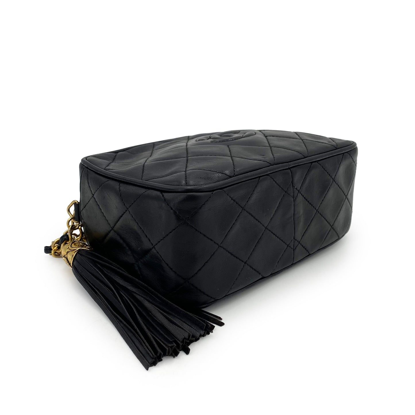 CHANEL VINTAGE MATELASSE FRINGE CHAIN SHOULDER BAG BLACK LAMB SKIN 90243363