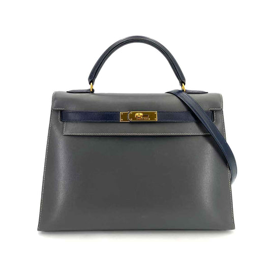 HERMES KELLY 32 SELLIER GRAY NAVY BOXCALF HAND BAG 〇W 90243430