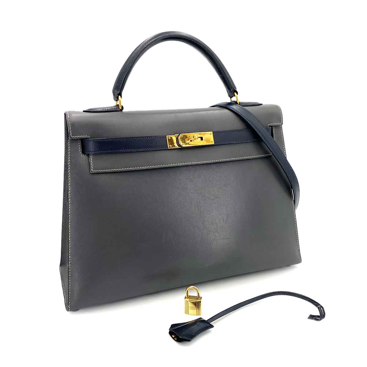 HERMES KELLY 32 SELLIER GRAY NAVY BOXCALF HAND BAG 〇W 90243430