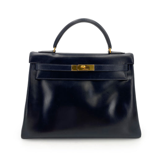 HERMES KELLY 32 RETOURNE NAVY BOXCALF HAND SHOULDER BAG 〇H 90243547
