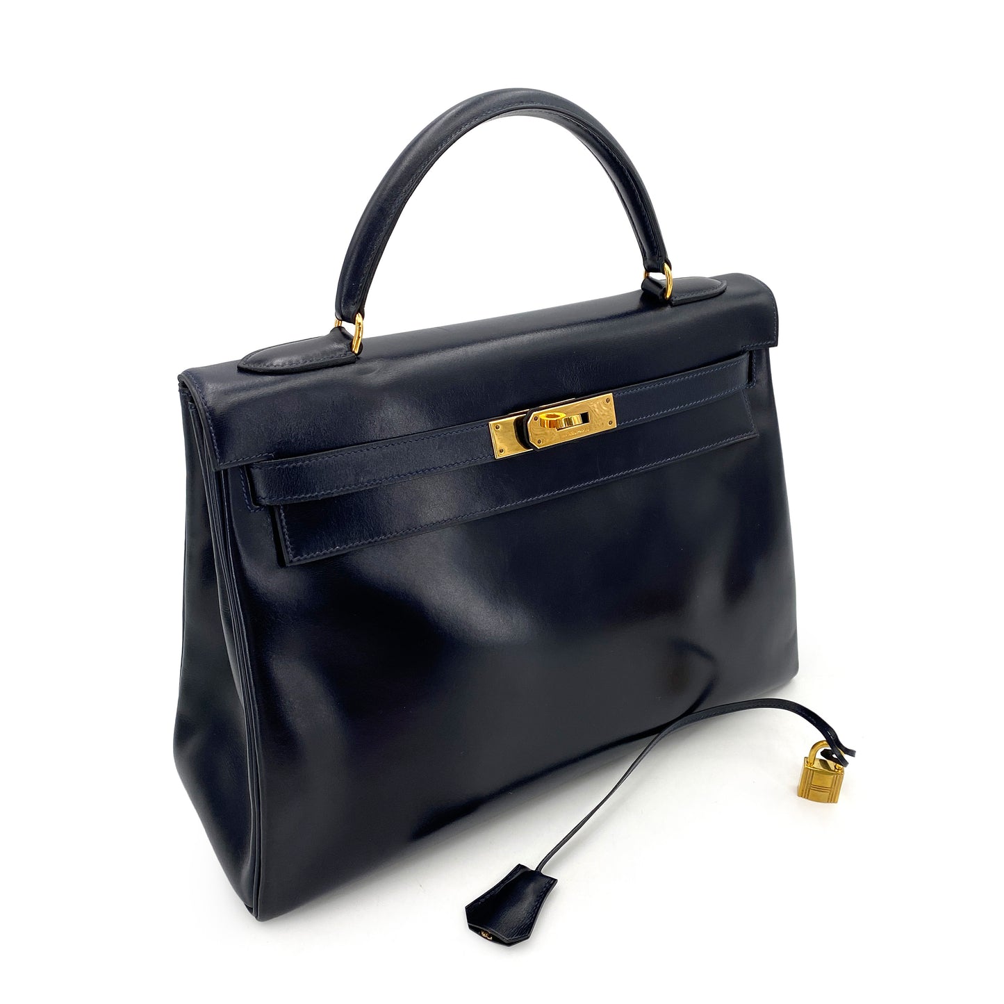HERMES KELLY 32 RETOURNE NAVY BOXCALF HAND SHOULDER BAG 〇H 90243547