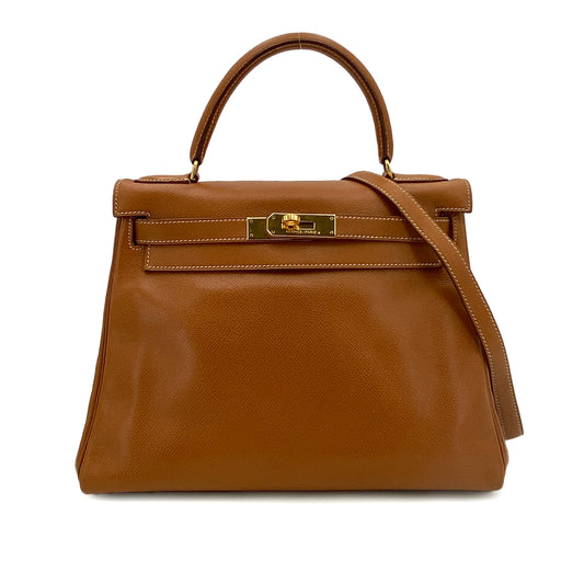 HERMES KELLY 28 RETOURNE GOLD COUCHEVEL HAND SHOULDER BAG 〇U 90243549
